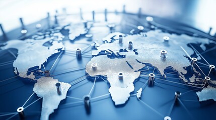 Poster - Global business network visualization with modern world map, highlighting digital connectivity, corporate strategy, artificial intelligence, and worldwide commerce, Generative AI