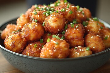 Wall Mural - A bowl filled with crispy, golden fried balls garnished with green onions.