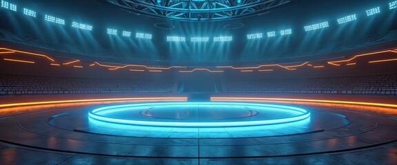 Aufkleber - Illustration of futuristic sport arena. Geometric shapes, glowing blue, orange highlights. Modern urban render with vibrant accents, copy space. Empty stadium seats for esport gaming competition,