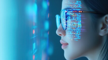Woman programmer wearing futuristic glasses with source code displayed on her face, representing innovation in software engineering background