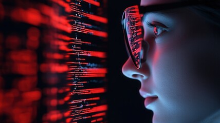 Woman programmer wearing futuristic glasses with source code displayed on her face, representing innovation in software engineering background
