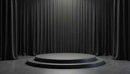 Aufkleber - Empty dark podium with steps against black curtains, theater stage. Showcase for goods, minimal 3D rendering background. Space for product presentation, template, layout, advertising modern design.