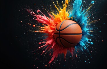 Poster - Basketball bursts colorful paint splash art. Abstract illustration shows ball in motion against dark background. Sport concept features dynamic energy with liquid drops. Perfect for champion theme