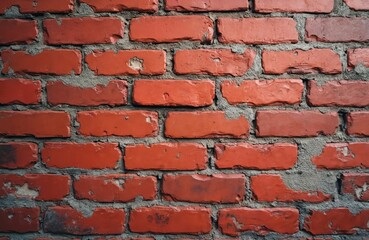 Leinwandbilder - Texture of old red brick wall on bright spring day. Orange bricks connected with gray cement with damaged weathered surface. Stone masonry background for loft interior design.