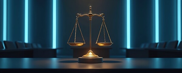 Leinwandbilder - Gold scale stands on table with blue light background. This represents digital law justice tech. It suits legal firms, concept of justice, tech publications, futuristic view, legal innovation.