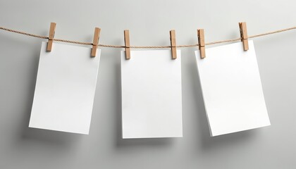 Poster - Three blank sheets hang from string with wooden pegs against neutral wall. Mockup offers creative space for artwork, notes or photos. This minimalist design suits presentations craft projects.