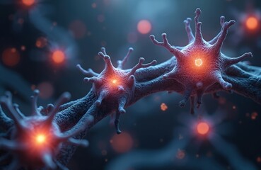 Poster - Close-up of interconnected neuron cells with glowing nucleus. Neural network signal transfer with impulse. Human neurology brain activity, mind and mental state research concept. Microbiology science.