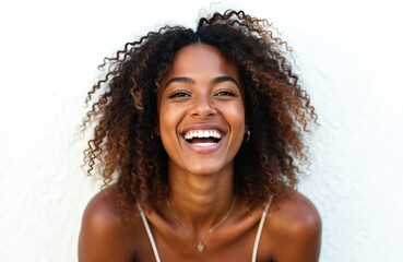 Joyful girl with curly hair and bright smile on light background. Portrait of radiant cheerful african american woman. Happy carefree model with positive emotion, natural beauty, fashion, wellness.