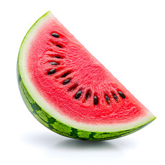 Wall Mural - Fresh ripe slice of watermelon with visible black seeds, juicy watermelon wedge isolated on a white surface