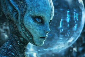 close-up of a cybernetic alien with blue skin and a large eye