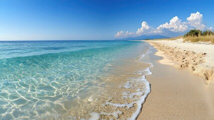 tranquil beach, clear water, waves, sand, greece, summer, panoramic, vacation, travel, tourism