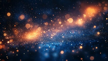 abstract background with golden fireworks and soft bokeh lights on a deep blue backdrop