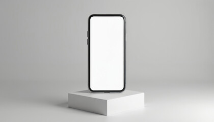 Poster - Mockup floating mobile phone features blank white screen standing on podium. Modern smartphone template for app presentation, web design and product display on clean background.