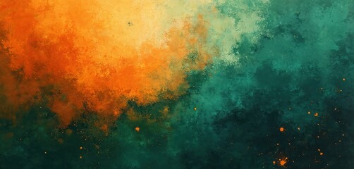 Aufkleber - Art illustration of orange, green colors in watercolor painting style with grunge textures. Design background with splash, spots, gradients. Abstract canvas for decoration, wallpaper, vintage style