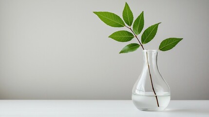 Wall Mural - Simple green branch in glass vase, minimalist home decor, white background, nature