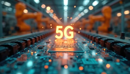 Fototapete - Illustration of 5G-enabled smart factory manufacturing automation, efficiency, innovation. Robotic arms work on chipset assembly line under 5G technology. Modern industrial digital infrastructure