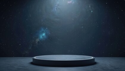 Aufkleber - Empty round podium for product presentation against background of starry night sky in galaxy. Space showcase, platform for product display. 3D rendering. Mockup template. Astronomy concept. Modern