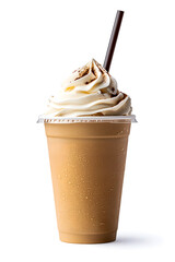 Sticker - Iced coffee with whipped cream in a plastic takeaway cup isolated on a white background