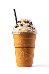 Sticker - Iced coffee with whipped cream in a plastic takeaway cup isolated on a white background