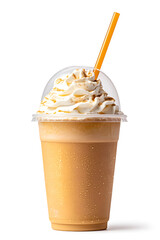 Sticker - Iced coffee with whipped cream in a plastic takeaway cup isolated on a white background