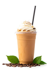 Sticker - Iced coffee with whipped cream in a plastic takeaway cup isolated on a white background