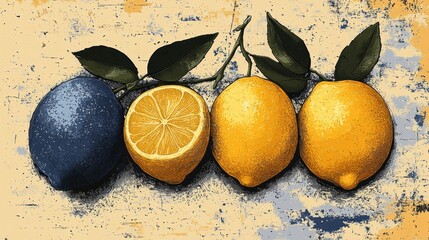 Wall Mural - A stylized illustration of lemons, including one cut in half.