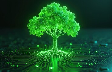 Fototapete - Green glowing tree grows on circuit board. Electronic circuits growth. Futuristic technology intersection with nature. Light illuminates motherboard. Digital ecology innovation integrates network,