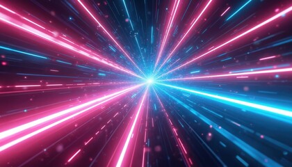 Poster - Animated hyperspace warp speed light effect background. Galaxy, hyperspace modern velocity tunnel motion. Futuristic travel cyber universe illustration. Neon highway fast move radial design with blue