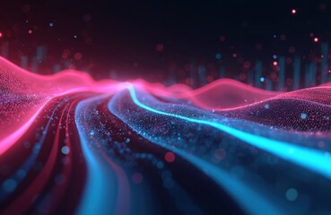 Poster - Abstract futuristic background with pink, blue glowing neon wave lines and bokeh lights. Data transfer concept. Fantastic wallpaper for tech, digital design, science fiction, and modern cyber themes.