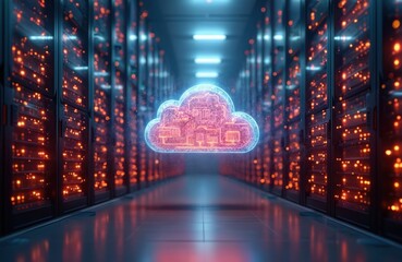 Fototapete - Illustration of data center tech warehouse with server racks and cloud computing symbol. Information digitalization start-up, SaaS, web service with generative AI, provides innovative solutions.