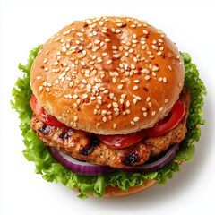 Wall Mural - Overhead view of Turkey burger, isolated on white, photorealistic food