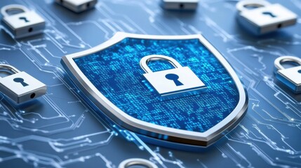 A digital shield made of glowing blue code, surrounded by floating padlocks and security icons, symbolizing cybersecurity and data protection
