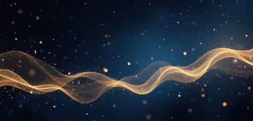 Aufkleber - Golden waves glow against dark blue. Bokeh dots shimmer. Digital art shows abstract stardust motion. Elegant template suits web design banners. Modern backdrop presents infinite energy, magical