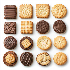 Wall Mural - Top down view of Cookies and Biscuits, isolated on white, food photography