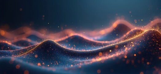 Fototapete - Illustration of abstract glowing digital landscape with dynamic waves. Orange light particles flow over blue background. Virtual interconnected network visualisation with node connections, geometric