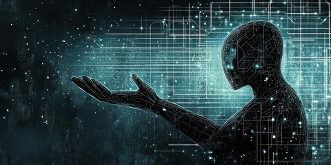 Digital being extends hand toward a glowing network of information