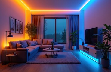 Wall Mural - Modern living room with LED strip lights emitting neon blue and orange glow. Interior boasts comfortable sofa, coffee table and TV set. Cozy apartment design with plants and window view at night.