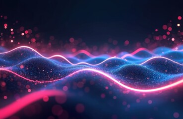Poster - Abstract futuristic background with blue pink glowing neon moving wave lines. Bokeh lights. Data transfer concept. Fantastic wallpaper. Tech design with dynamic energy and modern style.
