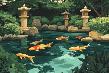 Wall Mural - Serene koi pond surrounded by lush greenery and stone lanterns