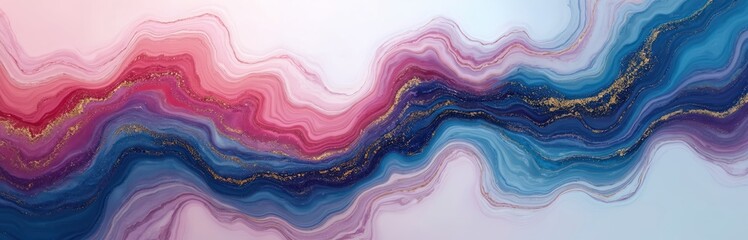 Aufkleber - Elegant fluid art background features vibrant pink and blue acrylic paint with gold flecks. Trendy contemporary design ideal for wallpaper fabric or creative projects. Modern artwork with wave motion.