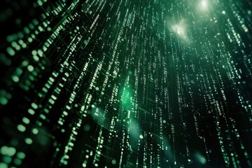 Green matrix like code streams digitally downward in perspective