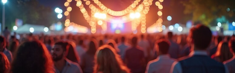 Aufkleber - Crowd attends night outdoor gathering. Bright light spots. People stand enjoying fest. Evening fun fair event. Festival visitors at stage. Public celebration party. Lifestyle entertainment.