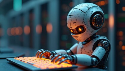 Fototapete - AI powered robotic chatbot types on glowing keyboard offering customer service, support. Cyborg assistant provides online help, answers questions. Futuristic concept, tech innovation. Modern robot