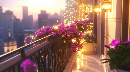 Wall Mural - Vibrant balcony adorned with blooming flowers at sunset, overlooking a bustling city skyline