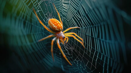 Bright spider on intricate glistening web.
