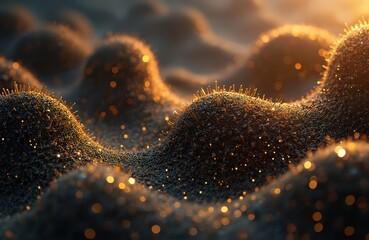 Leinwandbilder - Illustration of sand ground with shiny gold particles. Decorative surface of golden glitter dust or mole hills. Modern digital art background looks like planet covered with gold.