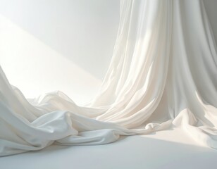 White silk fabric drapes against white background creating soft tranquil scene. Elegant flowing material texture. Calming luxurious smooth design element for fashion, wedding, bridal themes.