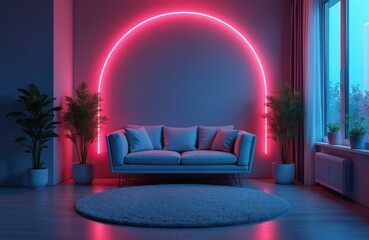 Aufkleber - Room interior features sofa under neon arch plants carpet creating stylish virtual space. Design showcases modern urban home concept ideal for futuristic lounge or luxury night hotel background.