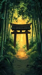 Wall Mural - Shinto torii gate stands in a beautiful bamboo forest