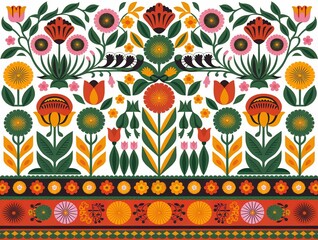 Vibrant folk art floral pattern with symmetrical flowers, leaves, and decorative elements in a traditional, ornamental style on a white background.